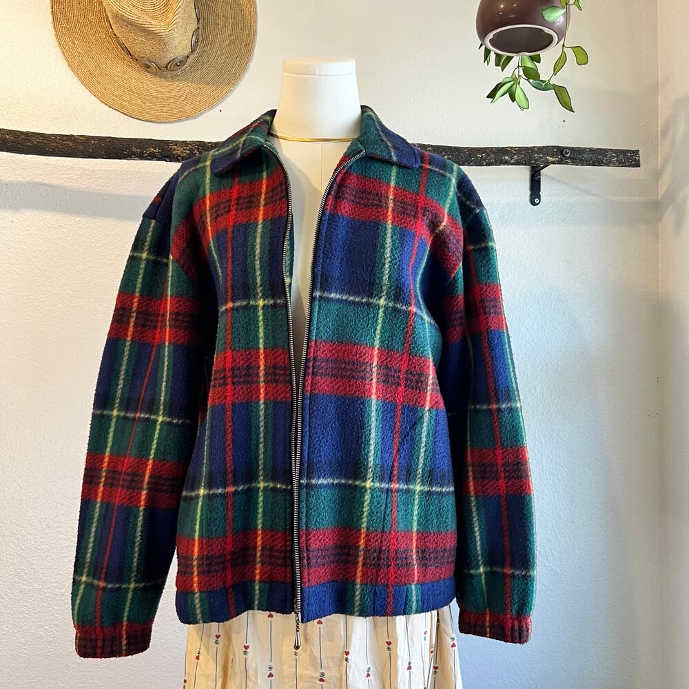 Teddi Vintage Fleece Bright Plaid Flannel Zip Up Jacket Women's Size Medium